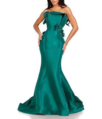 Terani Couture Mikado 3D Fold Front Floral Applique Mermaid Gown