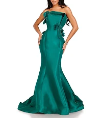 Terani Couture Mikado 3D Fold Front Floral Applique Mermaid Gown