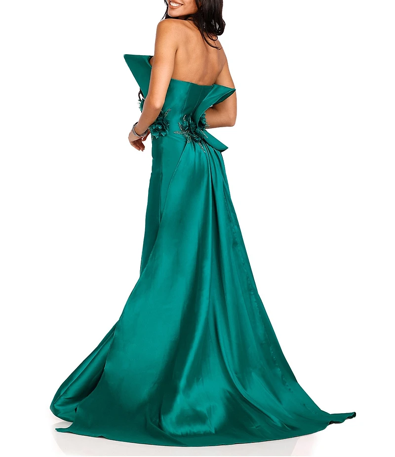 Terani Couture Mikado 3D Fold Front Floral Applique Mermaid Gown