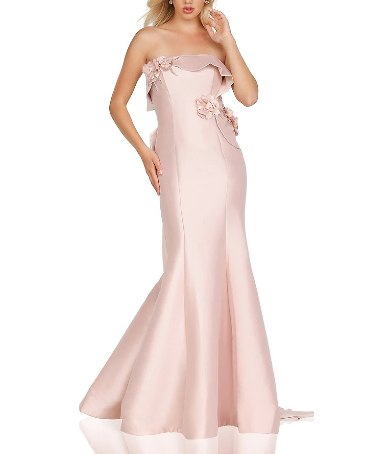 Terani Couture Mikado 3D Fold Front Floral Applique Mermaid Gown