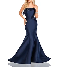 Terani Couture Mikado 3D Fold Front Floral Applique Mermaid Gown