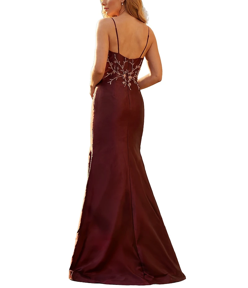 Terani Couture Mikado Beaded Square Neck Sleeveless Column Gown