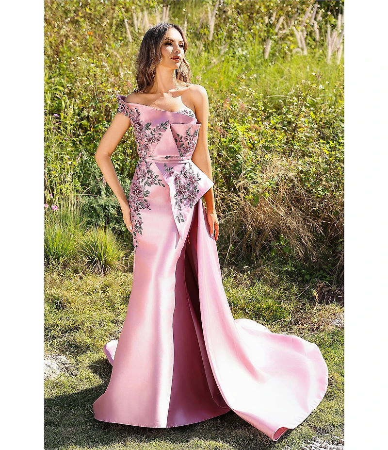 Terani Couture Mikado Embellished Bodice One Off-The-Shoulder A-Line Gown