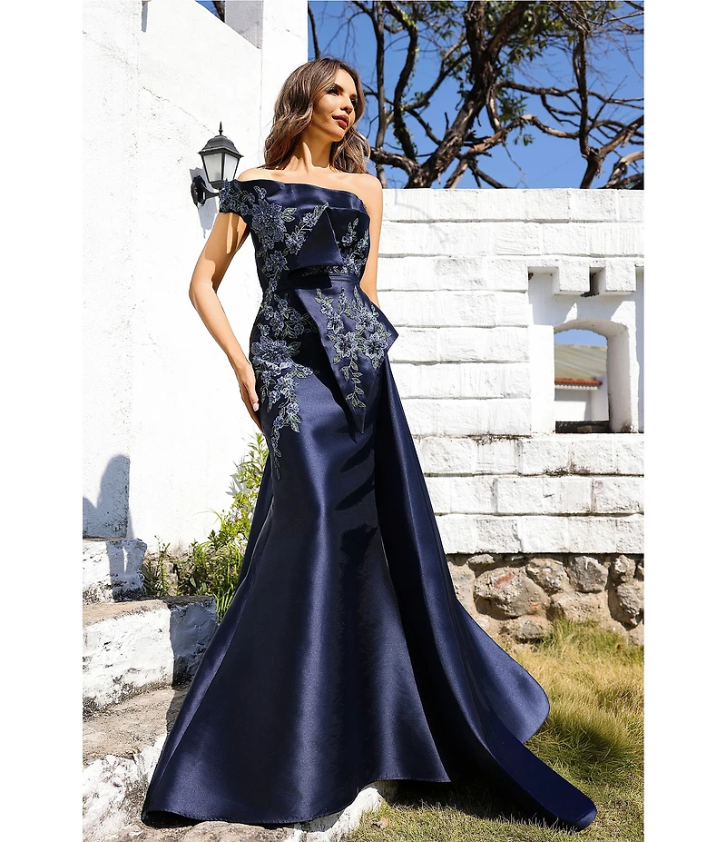 Terani Couture Mikado Embellished Bodice One Off-The-Shoulder A-Line Gown