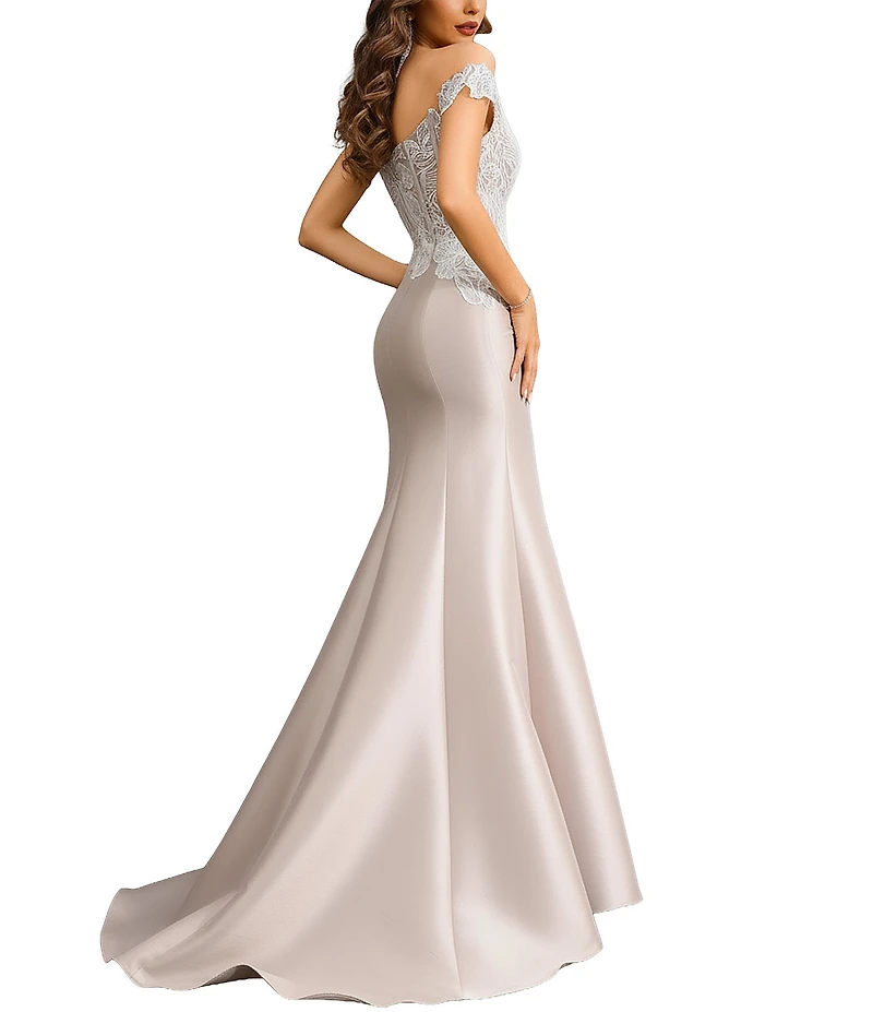 Terani Couture Mikado Lace Corset Off Shoulder Mermaid Gown