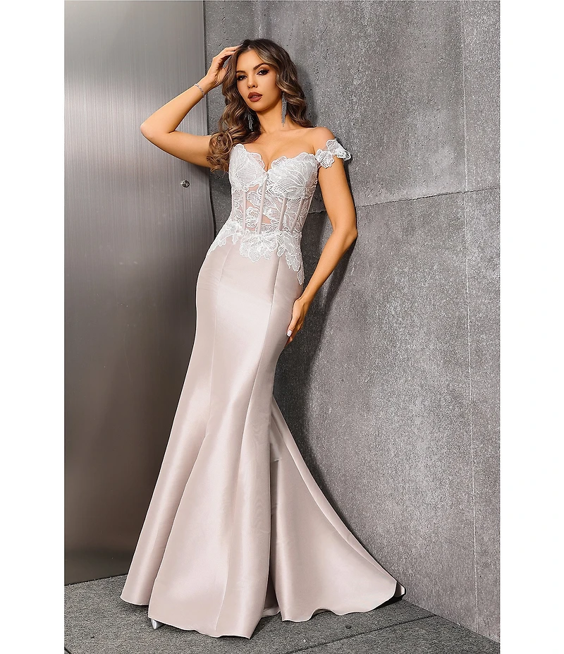 Terani Couture Mikado Lace Corset Off Shoulder Mermaid Gown