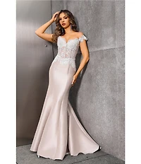 Terani Couture Mikado Lace Corset Off Shoulder Mermaid Gown
