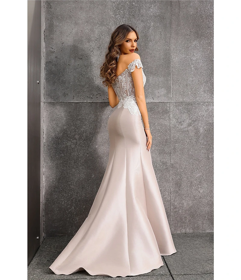 Terani Couture Mikado Lace Corset Off Shoulder Mermaid Gown