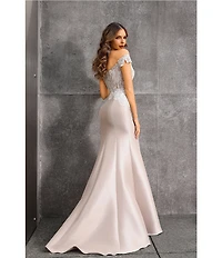 Terani Couture Mikado Lace Corset Off Shoulder Mermaid Gown