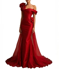 Terani Couture Mikado One Shoulder Rosette Applique Train Gown
