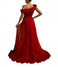 Terani Couture Mikado One Shoulder Rosette Applique Train Gown