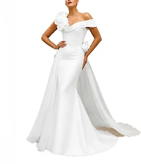 Terani Couture Mikado One Shoulder Rosette Applique Train Gown