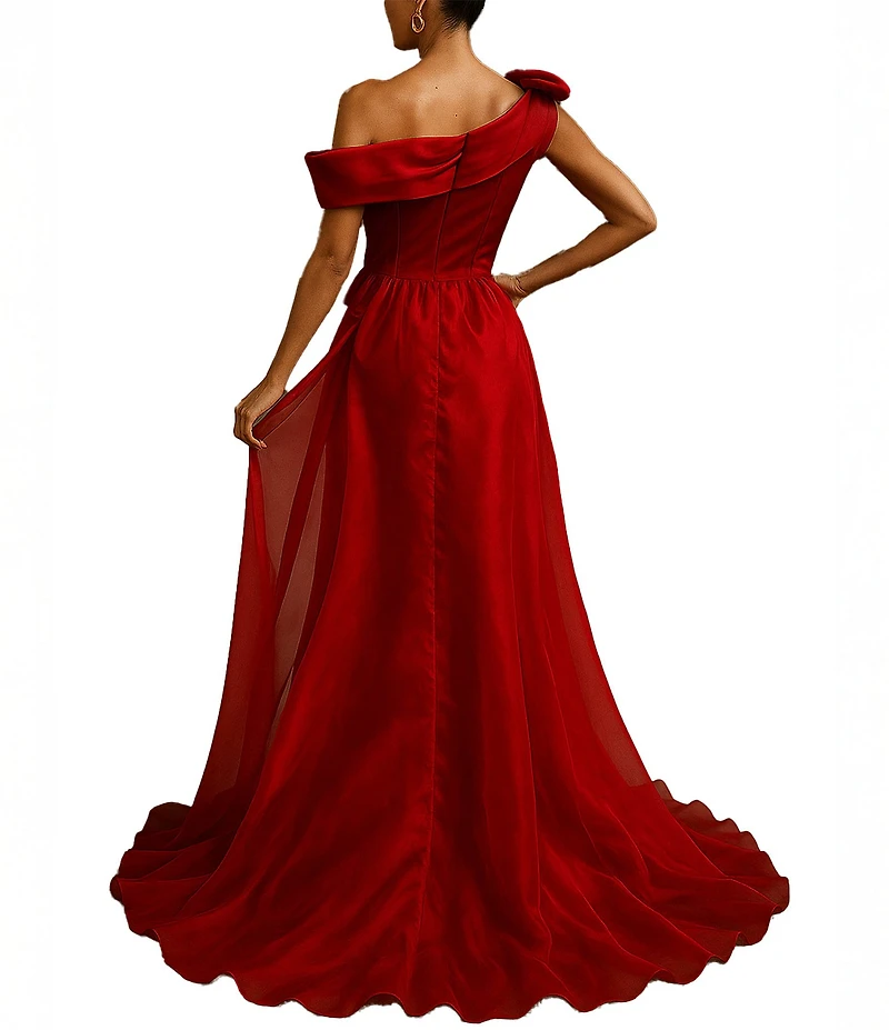 Terani Couture Mikado One Shoulder Rosette Applique Train Gown