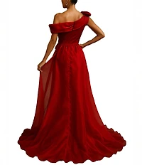 Terani Couture Mikado One Shoulder Rosette Applique Train Gown