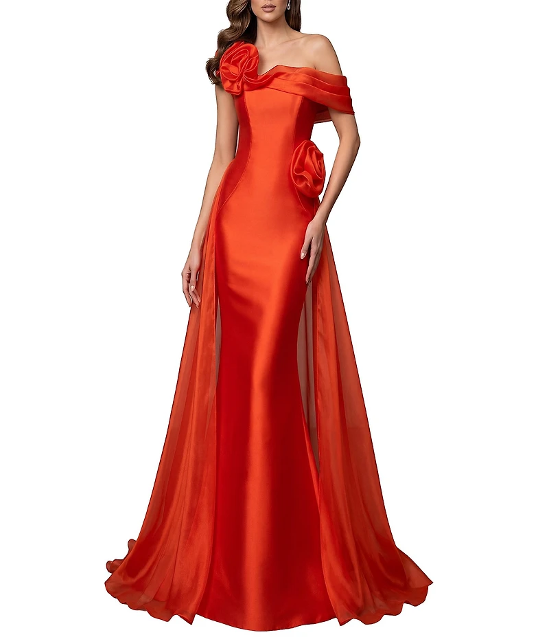 Terani Couture Mikado One Shoulder Rosette Applique Train Gown