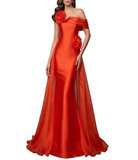 Terani Couture Mikado One Shoulder Rosette Applique Train Gown