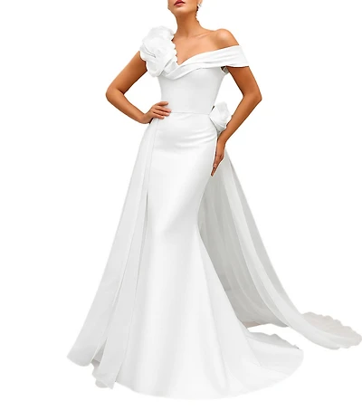 Terani Couture Mikado One Shoulder Rosette Applique Train Gown