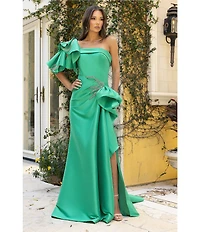 Terani Couture Mikado One Shoulder Ruffle Sleeve Sequin Applique Gathered Side Slit Gown
