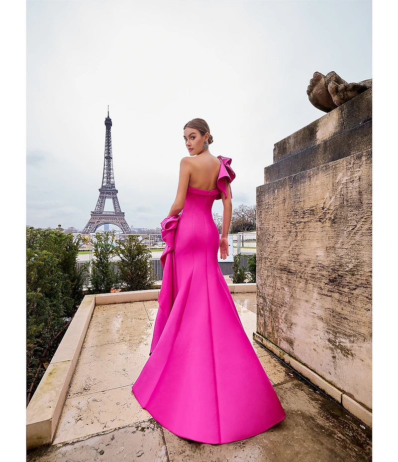 Terani Couture Mikado One Shoulder Ruffle Sleeve Sequin Applique Gathered Side Slit Gown