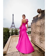 Terani Couture Mikado One Shoulder Ruffle Sleeve Sequin Applique Gathered Side Slit Gown