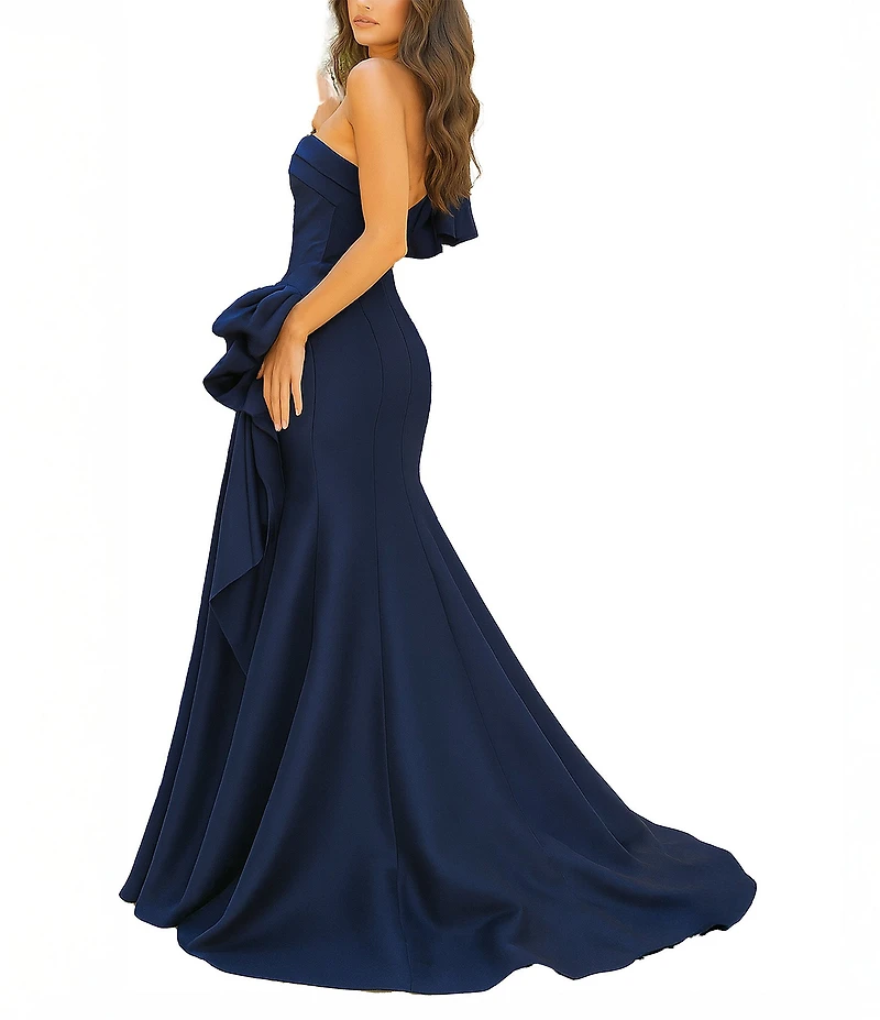 Terani Couture Mikado One Shoulder Ruffle Sleeve Sequin Applique Gathered Side Slit Gown