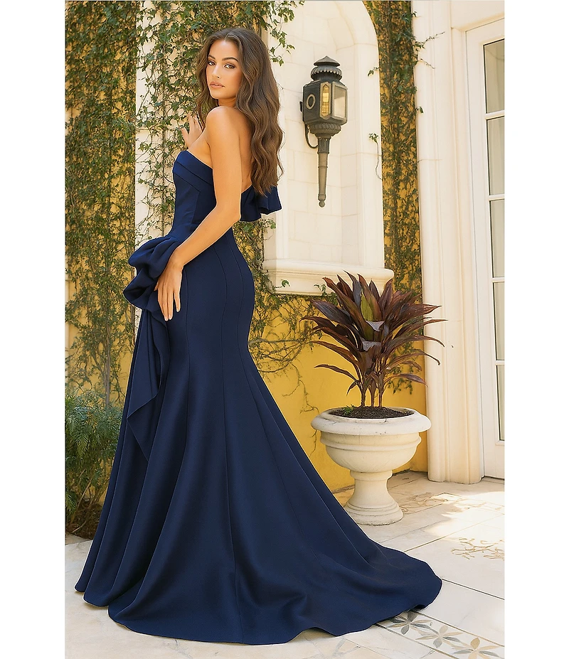 Terani Couture Mikado One Shoulder Ruffle Sleeve Sequin Applique Gathered Side Slit Gown