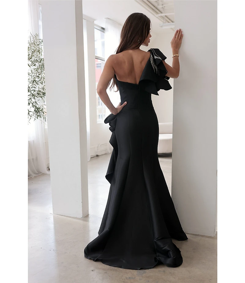 Terani Couture Mikado One Shoulder Ruffle Sleeve Sequin Applique Gathered Side Slit Gown