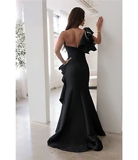 Terani Couture Mikado One Shoulder Ruffle Sleeve Sequin Applique Gathered Side Slit Gown