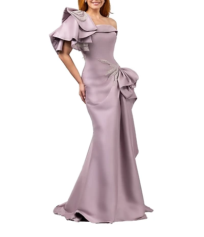 Terani Couture Mikado One Shoulder Ruffle Sleeve Sequin Applique Gathered Side Slit Gown