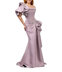 Terani Couture Mikado One Shoulder Ruffle Sleeve Sequin Applique Gathered Side Slit Gown