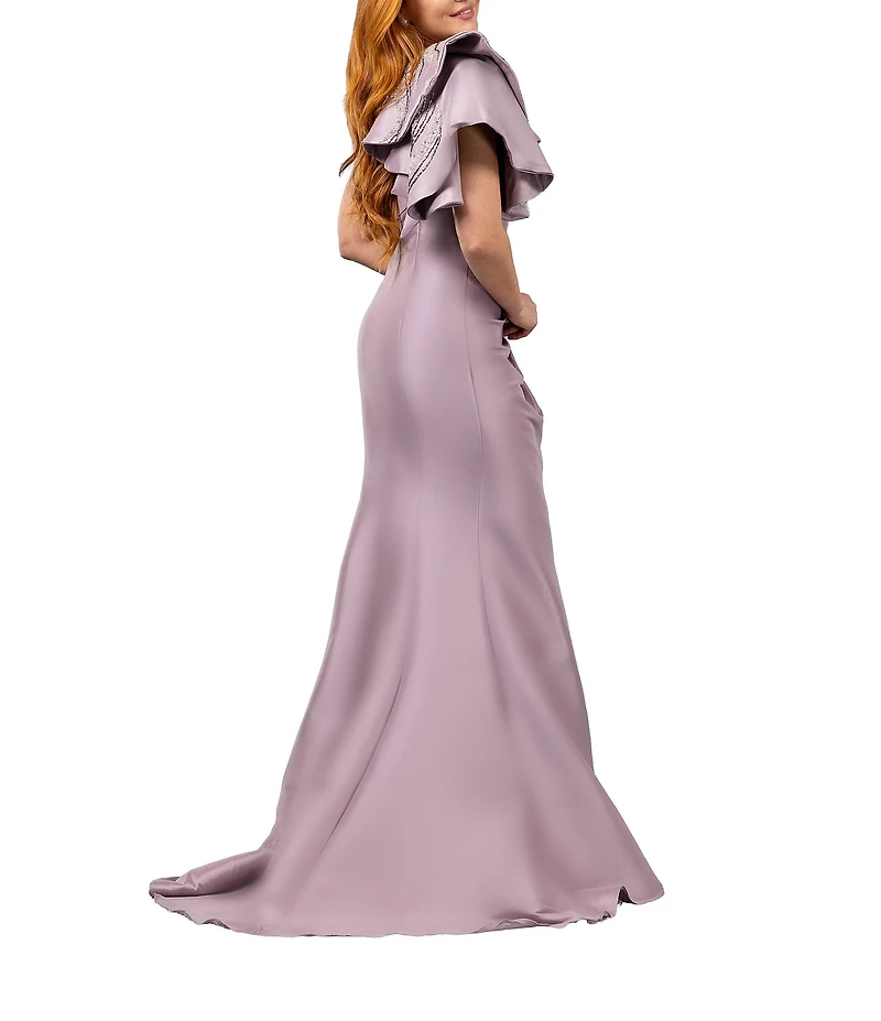 Terani Couture Mikado One Shoulder Ruffle Sleeve Sequin Applique Gathered Side Slit Gown