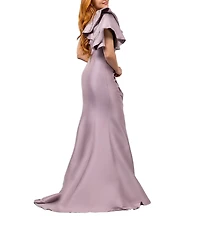 Terani Couture Mikado One Shoulder Ruffle Sleeve Sequin Applique Gathered Side Slit Gown