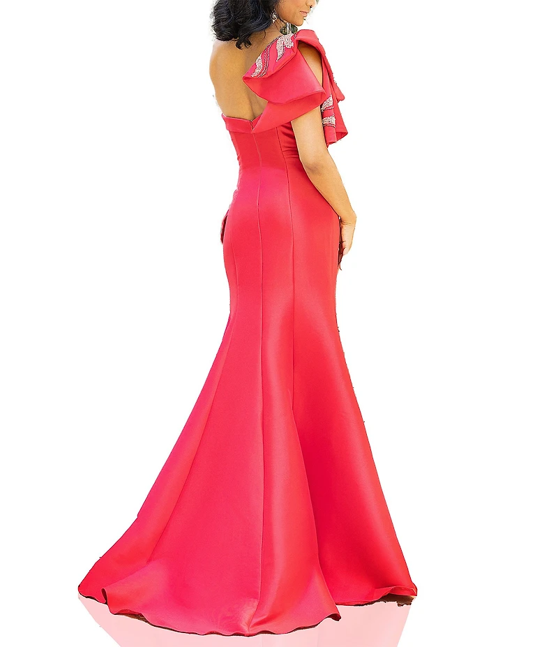 Terani Couture Mikado One Shoulder Ruffle Sleeve Sequin Applique Gathered Side Slit Gown