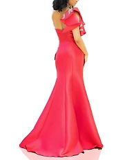 Terani Couture Mikado One Shoulder Ruffle Sleeve Sequin Applique Gathered Side Slit Gown