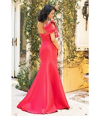 Terani Couture Mikado One Shoulder Ruffle Sleeve Sequin Applique Gathered Side Slit Gown