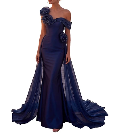 Terani Couture Mikado Organza 3D Rosette One Shoulder A-Line Gown