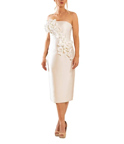 Terani Couture Mikado Strapless Floral Applique Midi Dress