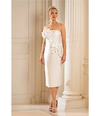 Terani Couture Mikado Strapless Floral Applique Midi Dress