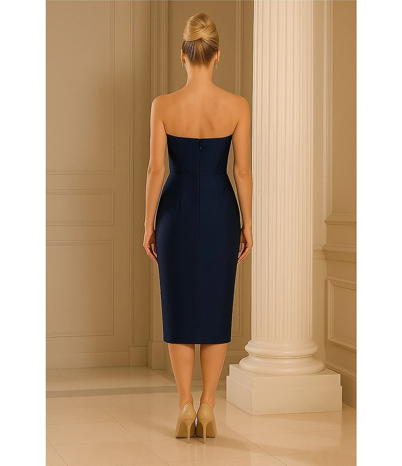 Terani Couture Mikado Strapless Floral Applique Midi Dress