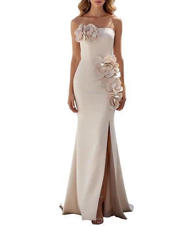 Terani Couture Mikado Strapless Floral Applique Sheath Gown