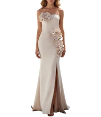 Terani Couture Mikado Strapless Floral Applique Sheath Gown