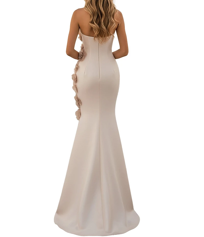 Terani Couture Mikado Strapless Floral Applique Sheath Gown