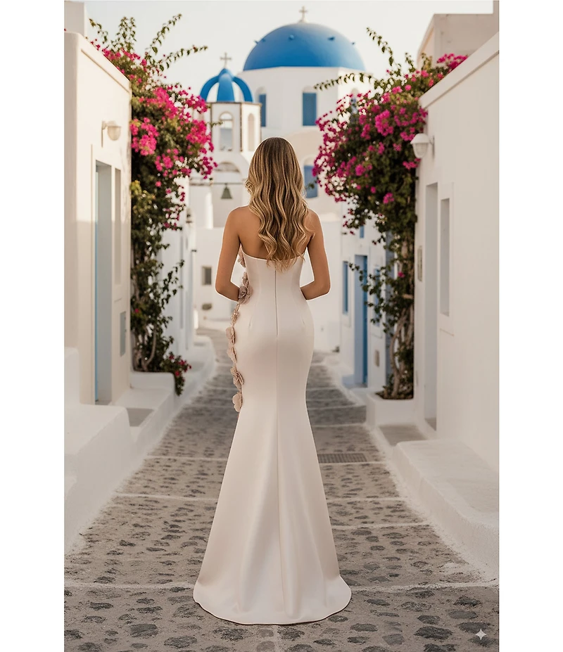 Terani Couture Mikado Strapless Floral Applique Sheath Gown