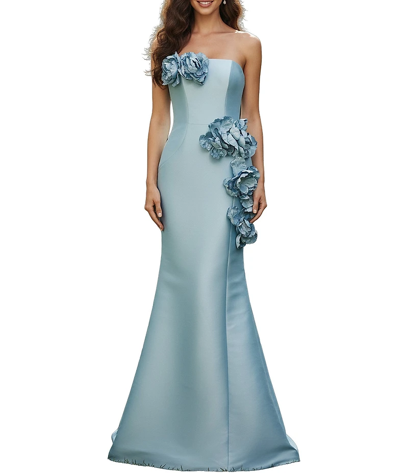 Terani Couture Mikado Strapless Floral Applique Sheath Gown