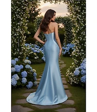Terani Couture Mikado Strapless Floral Applique Sheath Gown