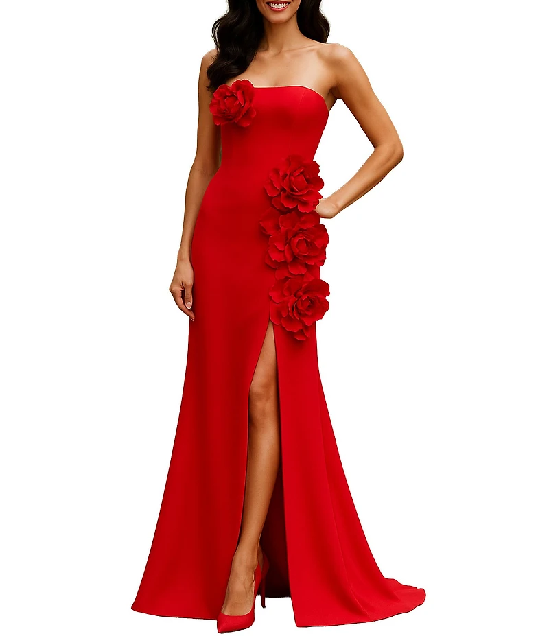 Terani Couture Mikado Strapless Floral Applique Sheath Gown