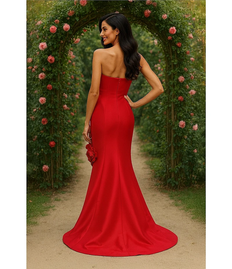 Terani Couture Mikado Strapless Floral Applique Sheath Gown