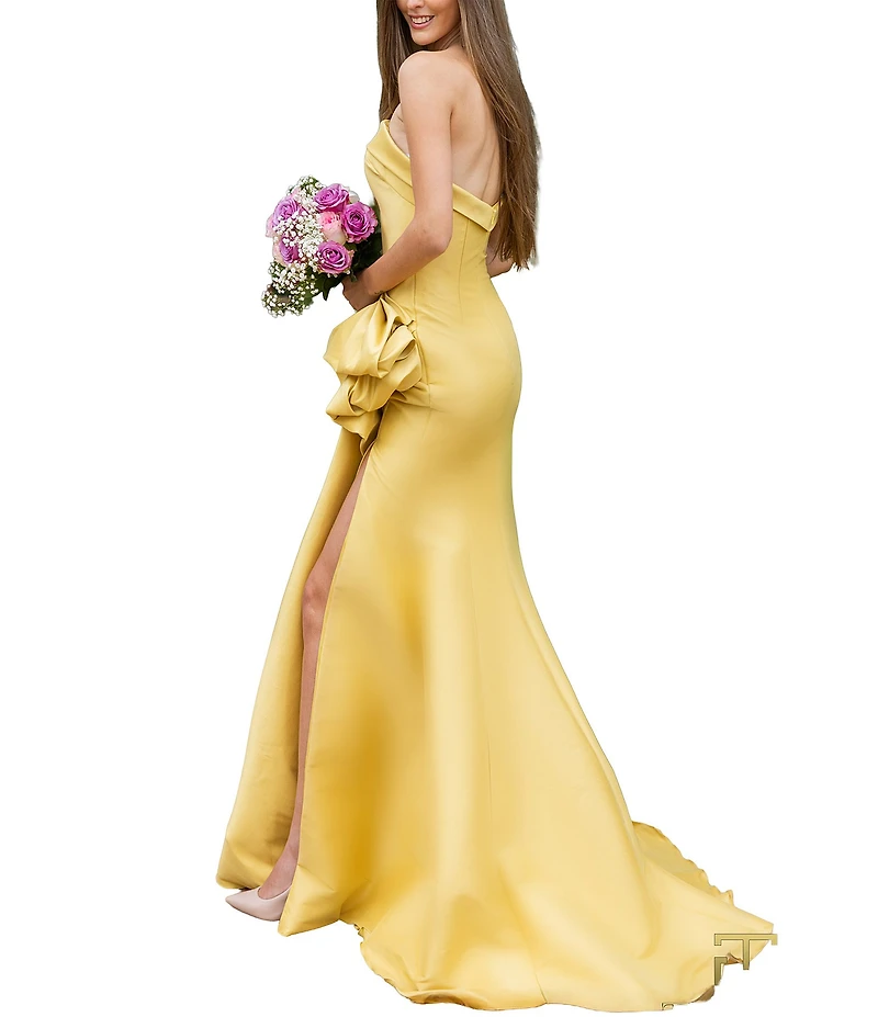 Terani Couture Mikado Strapless Side Ruffle A-Line Long Gown