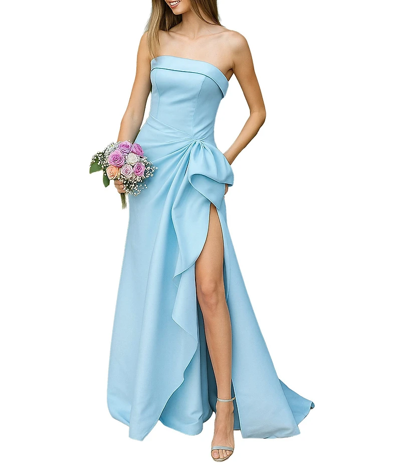 Terani Couture Mikado Strapless Side Ruffle A-Line Long Gown