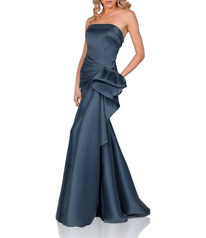 Terani Couture Mikado Strapless Side Ruffle A-Line Gown